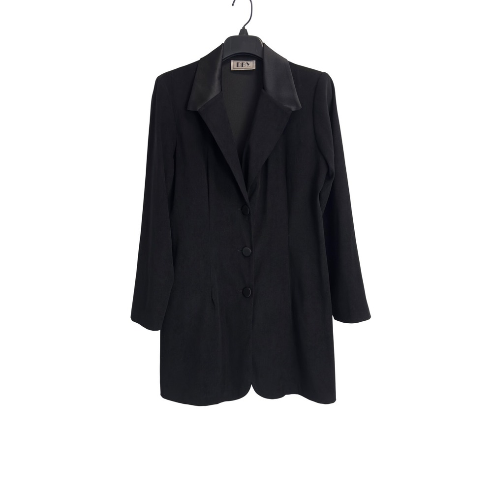 DBY Ltd Vintage Black Longline Blazer M Jacket Satin Lapel Formal Evening Coat